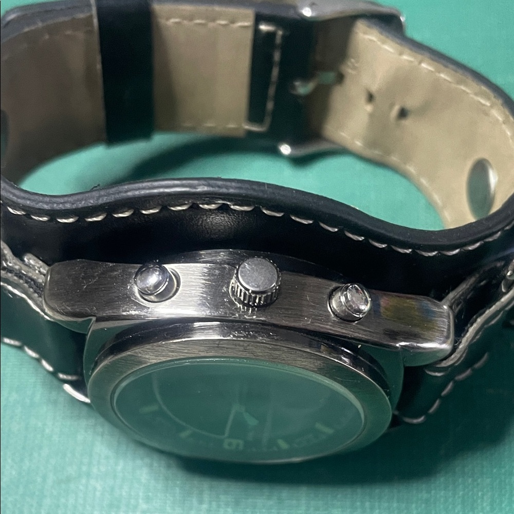 Black Leather Strap Watch with Green Accents - Picture 7 of 7